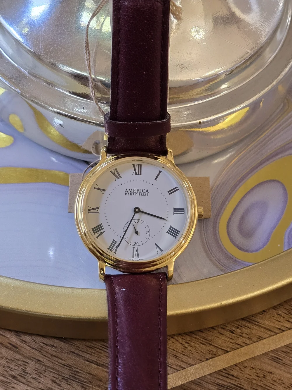 Perry Ellis Gold-Tone Case with Burgundy Leather Strap Watch